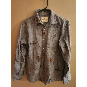 Hollister Men's Heavy Flannel Button Up Shirt Aztec Western Size S Gray Grey